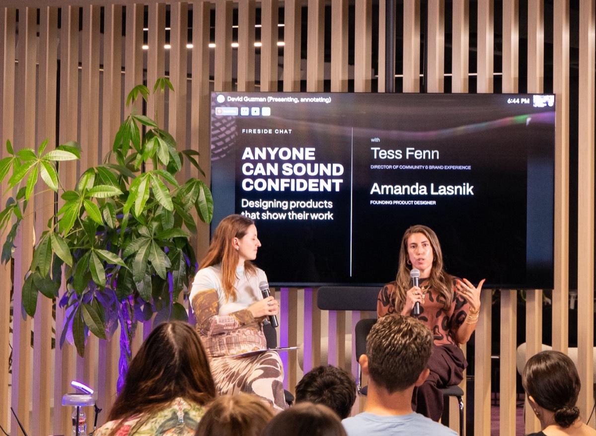 Tess Fenn and Founding Designer Amanda Lasnik on stage during the Golden Hour 008: Show Your Work fireside inside our Wilshire Boulevard headquarters